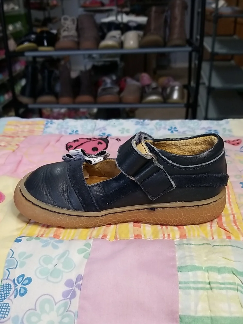 Livie & Luca Navy Blue Mary Janes with Tape Measure Flower Size 8 